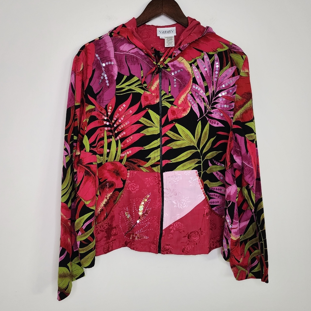 Vanity Collection Vtg Vibrant Floral Women's Reversible Hooded Jacket Size XL